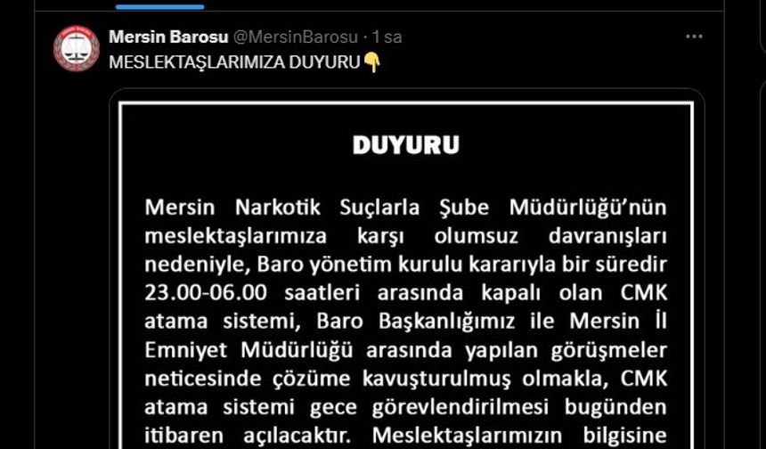 Mersin Barosu, CMK atama sistemini yeniden açtığını duyurdu